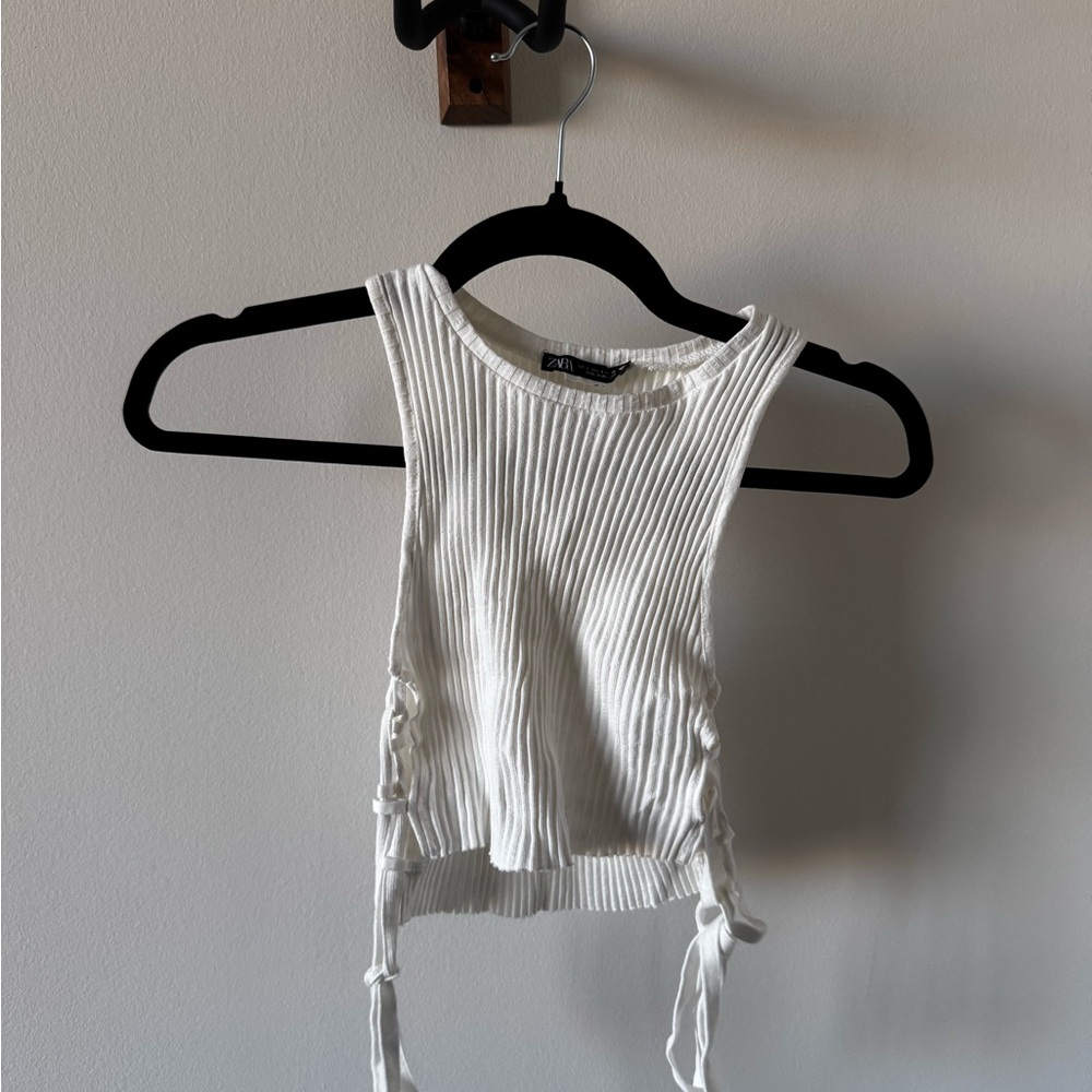 Zara White Ribbed Crop Top with Side Ties